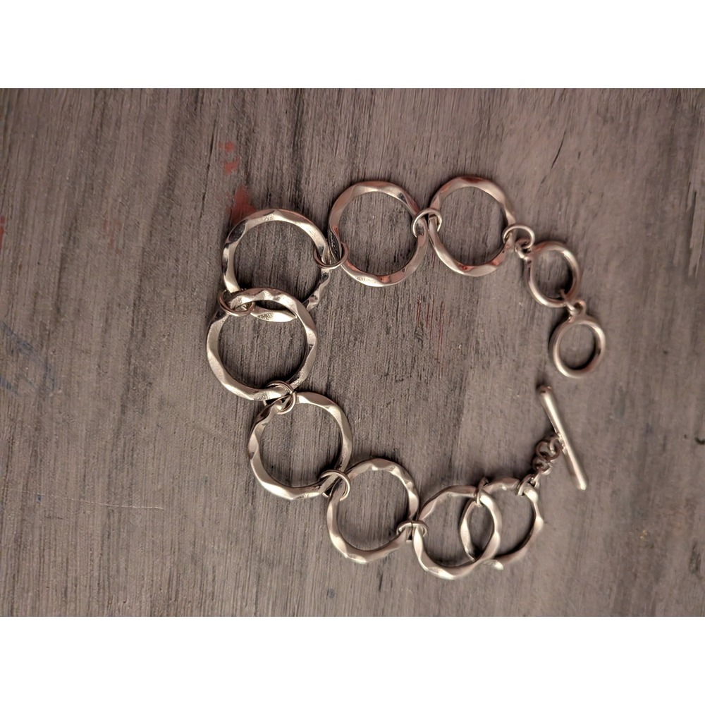 Hammered Silver Tone Organic Link Toggle Bracelet Adjustable Statement Jewelry